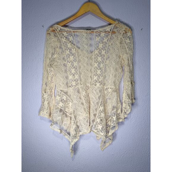 Haute Monde Boho Lace Cardigan Cream Sheer Floral Tie Front Handkerchief Hem S - Picture 4 of 8